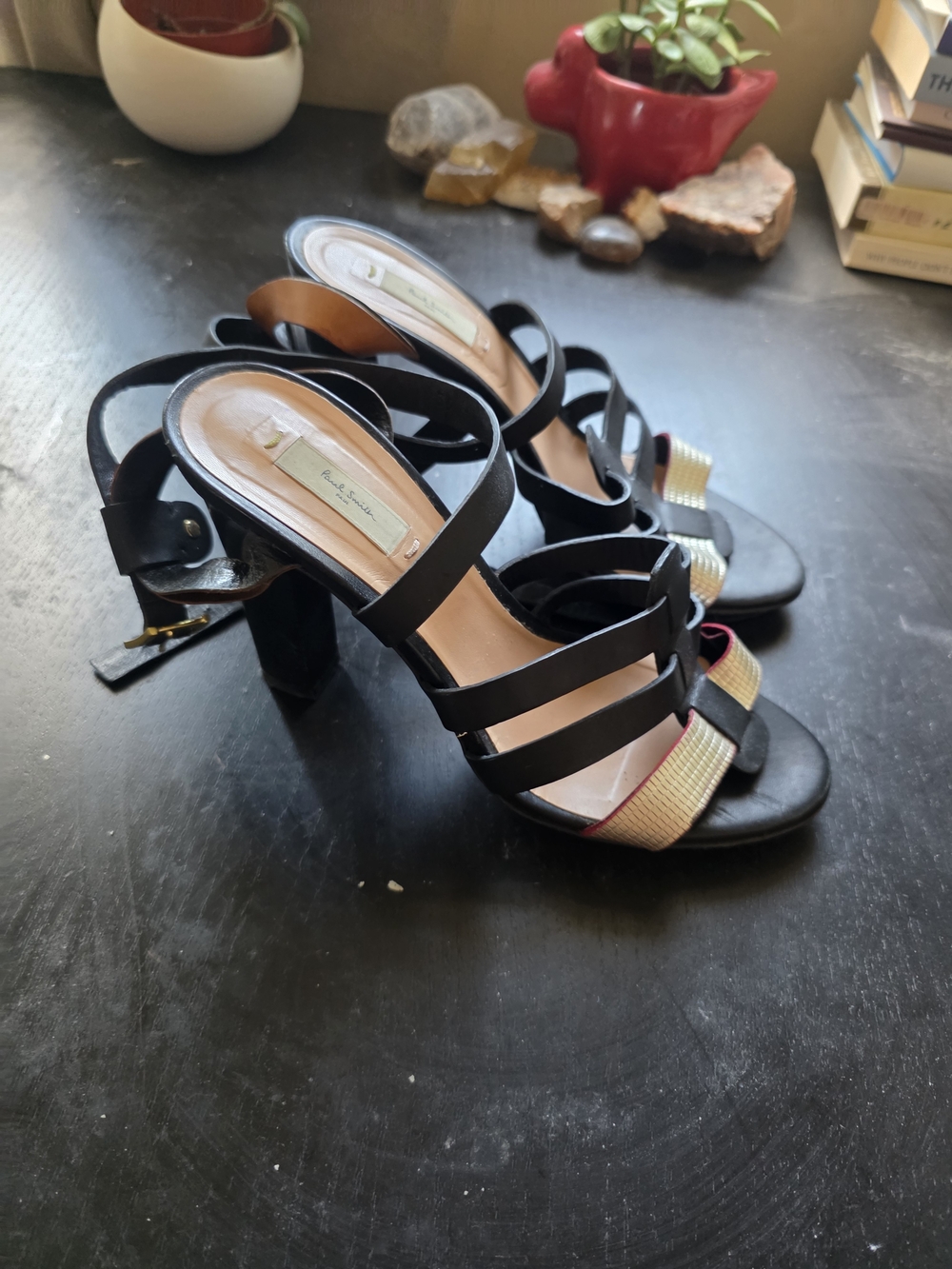 Paul Smith Black Strappy Heels with Gold Toe Accent